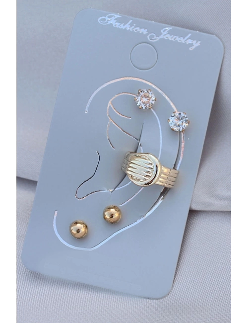 Kemerli Model Gold Metal Taşlı Kıkırdak Küpe Seti