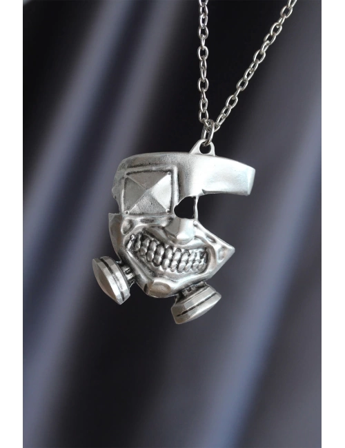 Maske Model Gümüş Renk Metal Zincirli Erkek Kolye