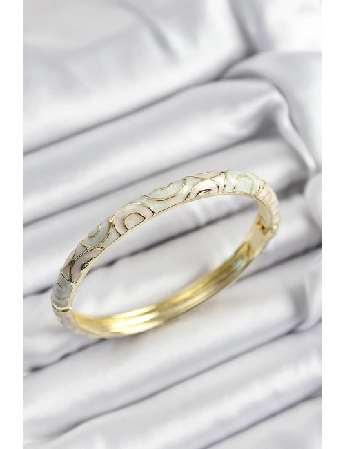 Mineli Pirinç Beyaz Sarmal Motifli Gold Renk Kadın Kelepçe