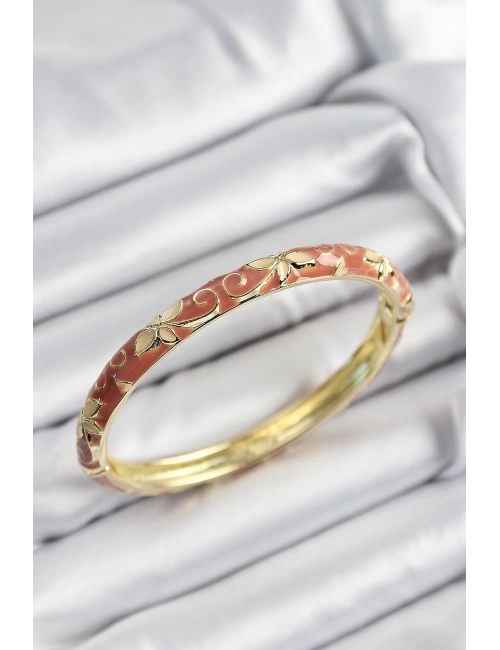 Mineli Pirinç Krem Çiçek Motifli Gold Renk Kadın Kelepçe