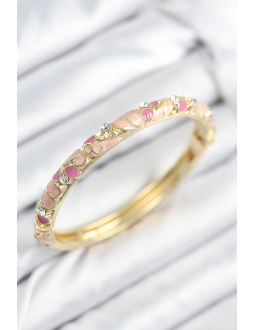 Mineli Pirinç Zirkon Taşlı Pembe Çiçek Motifli Gold Kadın Kelepçe