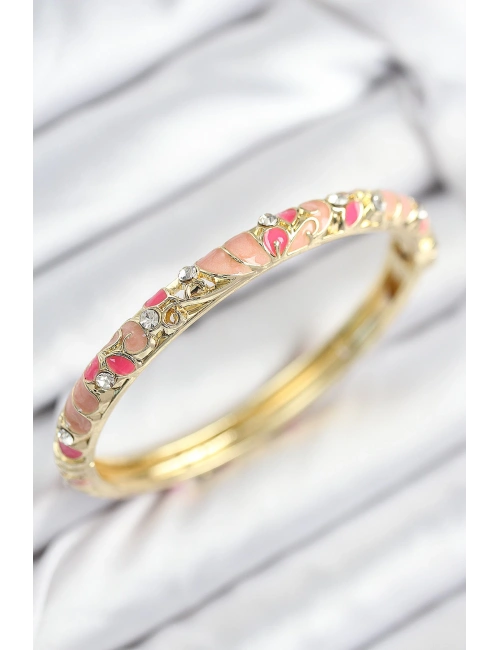 Mineli Pirinç Zirkon Taşlı Pembe Çiçek Motifli Gold Kadın Kelepçe