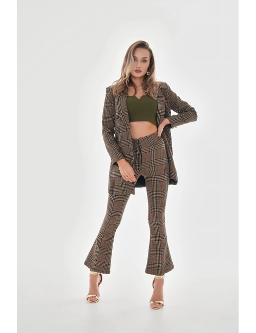 Omuzları Vatkalı Önü Çıtçıtlı Ekose Blazer Ceket - Vizon
