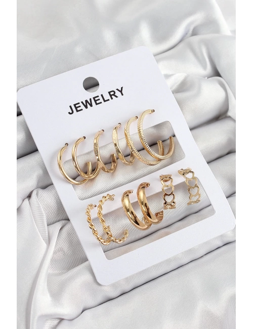 Pirinç Karışık Halka Model Gold Renk 6 Çift Kadın Küpe Set