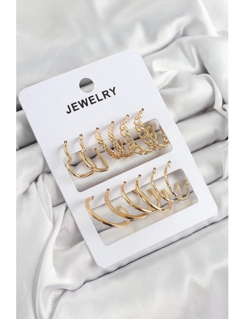 Pirinç Karışık Halka Model Gold Renk 6 Çift Kadın Küpe Set