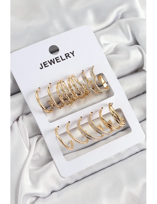 Pirinç Karışık Halka Model Gold Renk 6 Çift Kadın Küpe Set