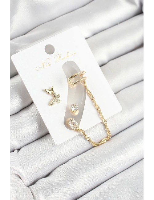 Pirinç Kelebek Figürlü Zirkon Taşlı Gold Renk 3lü Kıkırdak Kadın Küpe Set