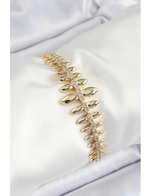Pirinç Kurşun Model Zirkon Taşlı Gold Renk VİP Seri Kadın Bileklik