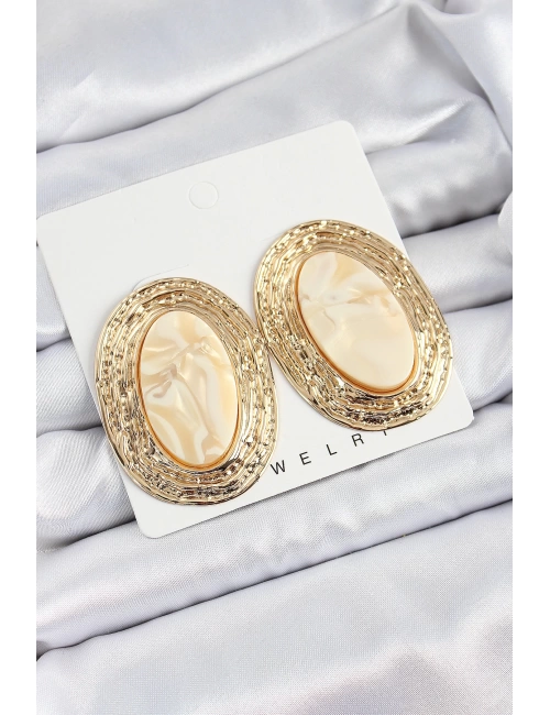 Pirinç Mermer Desenlli Bej Sedef Oval Vintage Model Gold Renk Kadın Küpe