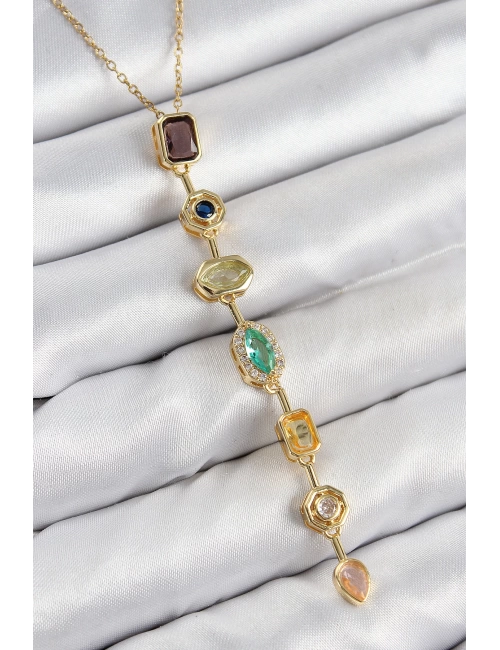 Pirinç Renkli Zirkon Taşlı Model Gold Renk Kadın Y Kolye