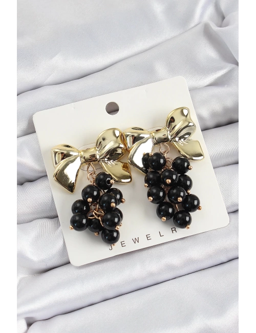 Pirinç Sallantılı Siyah Boncuklu Fiyonk Vintage Model Gold Renk Kadın Küpe