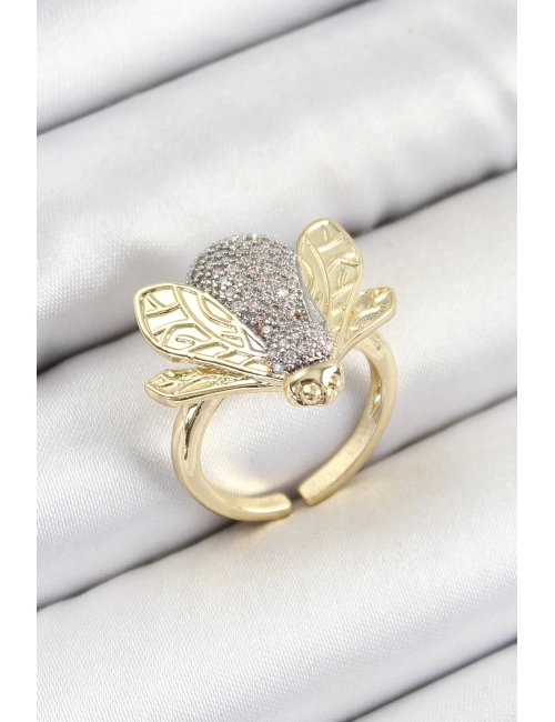 Pirinç Zirkon Taşlı Arı Model Gümüş Ve Gold Renk Kadın Yüzük