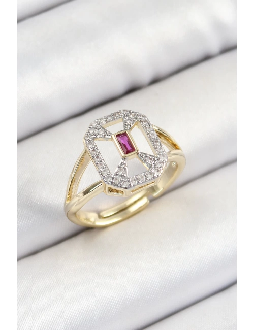 Pirinç Zirkon Taşlı Baget Model Gold Renk Kadın Yüzük