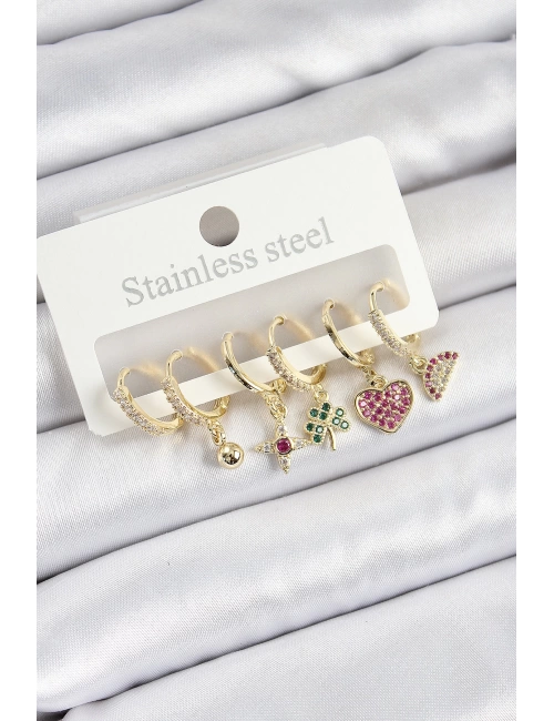 Pirinç Zirkon Taşlı Karpuz Yonca Kalp Pusula Karışık Model Gold Renk 6lı Set Kadın Küpe