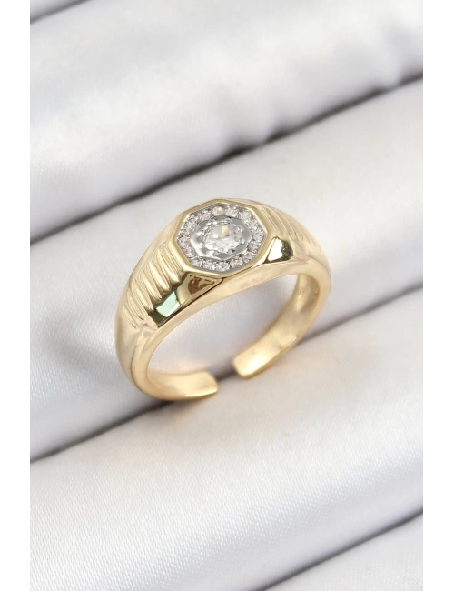 Pirinç Zirkon Taşlı Sekizgen Model Gold Renk Kadın Yüzük
