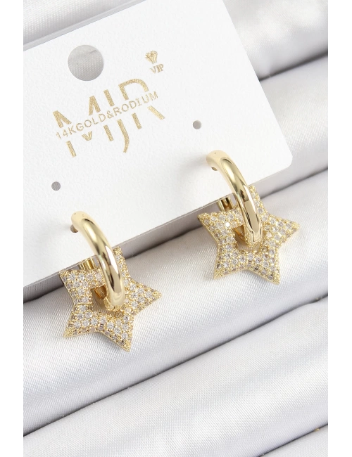 Pirinç Zirkon Taşlı Yıldız Figürlü Halka Model Gold Renk Kadın Küpe