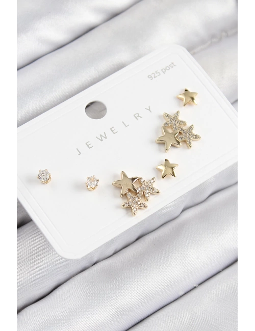 Pirinç Zirkon Taşlı Yıldız Model Gold Renk 925 Ayar Gümüş Çivi Kadın Küpe Set