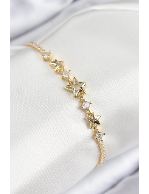 Pirinç Zirkon Taşlı Yıldız Model Gold Renk Kadın Bileklik