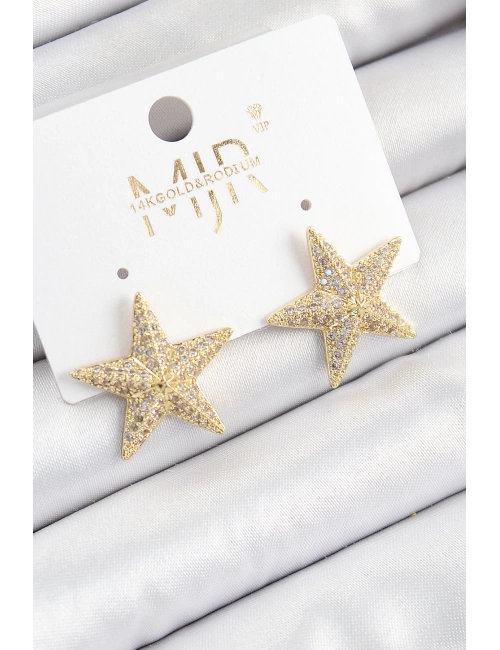 Pirinç Zirkon Taşlı Yıldız Model Gold Renk Kadın Küpe