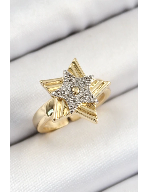 Pirinç Zirkon Taşlı Yıldız Model Gold Ve Gümüş Renk Kadın Yüzük