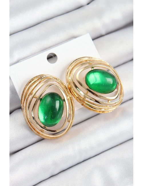 Pirinç Zümrüt Yeşili Zirkon Taşlı Oval Model Gold Renk Kadın Küpe
