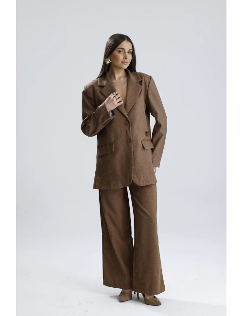 Üç Cepli Önü Düğmeli Oversize Blazer Ceket - Açık Kahve