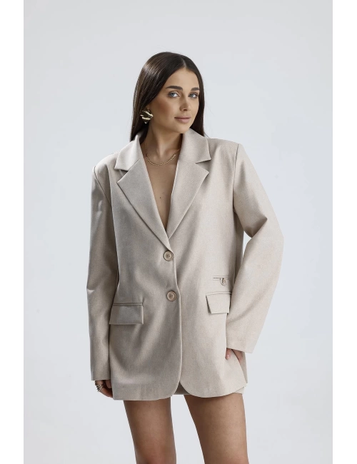 Üç Cepli Önü Düğmeli Oversize Blazer Ceket - Bej