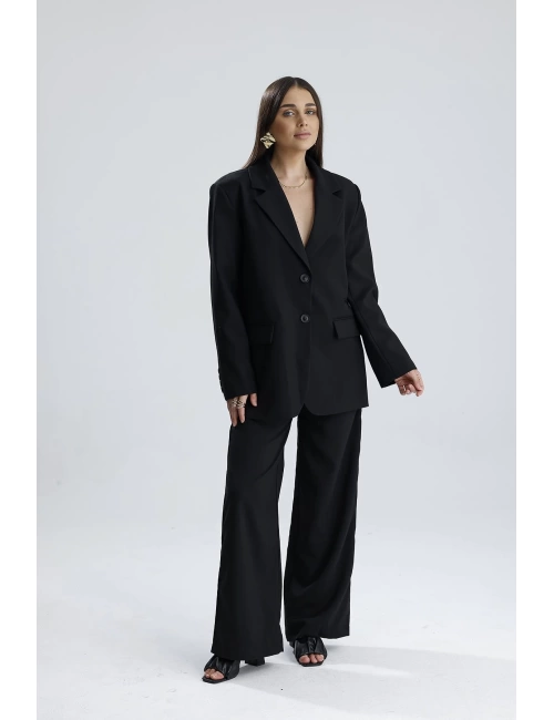Üç Cepli Önü Düğmeli Oversize Blazer Ceket - Siyah