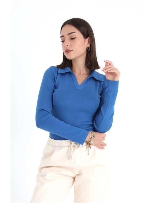 Uzun Kol Polo Yaka Triko - Mavi