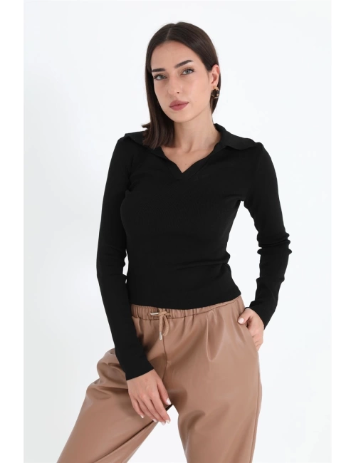 Uzun Kol Polo Yaka Triko - Siyah