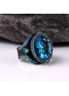 925 Ayar Blue Topaz Mikro Taşlı Gümüş Erkek Yüzük Silver