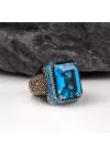 Blue Topaz Mikro Taşlı 925 Ayar Gümüş Erkek Yüzük Silver