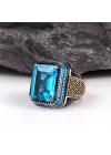 Blue Topaz Mikro Taşlı 925 Ayar Gümüş Erkek Yüzük Silver