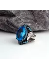 Blue Topaz Taşlı Kartal Model Gümüş Erkek Yüzük Silver