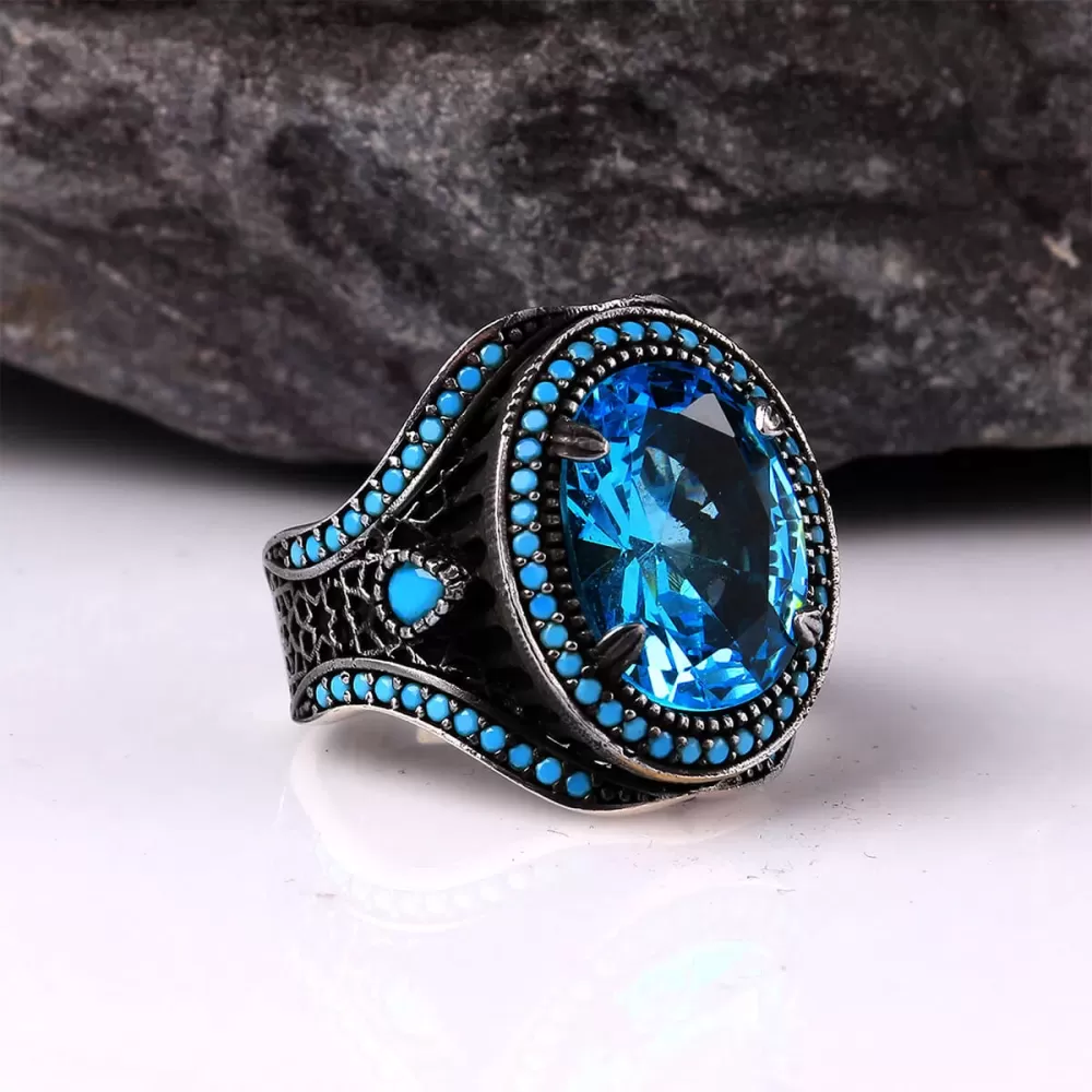 925 Ayar Blue Topaz Mikro Taşlı Gümüş Erkek Yüzük Silver