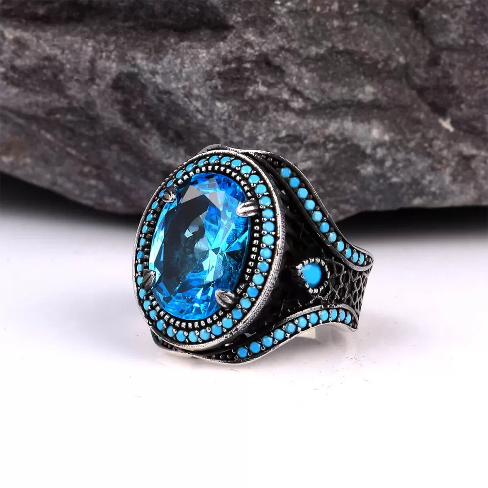 925 Ayar Blue Topaz Mikro Taşlı Gümüş Erkek Yüzük Silver