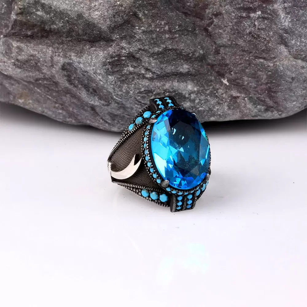 925 Ayar Blue Topaz Taşlı Gümüş Erkek Yüzük Silver