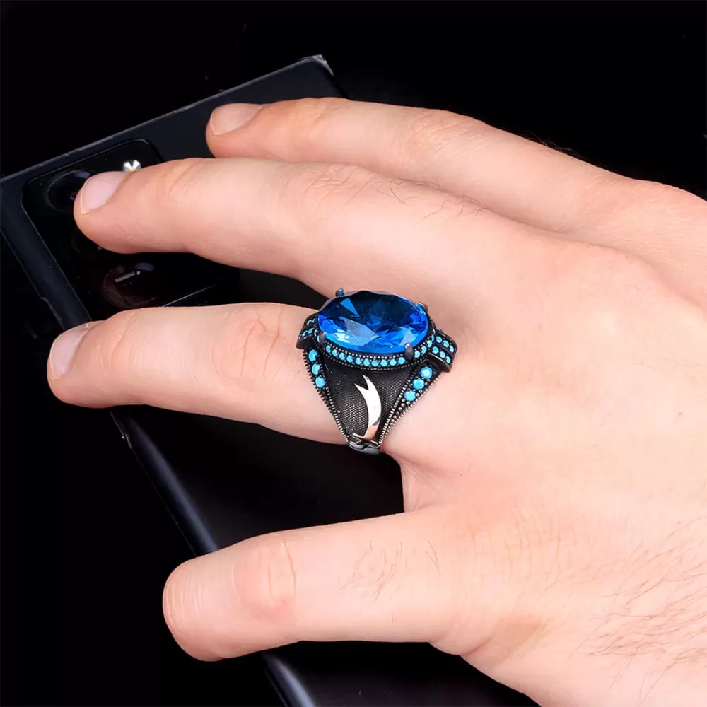 925 Ayar Blue Topaz Taşlı Gümüş Erkek Yüzük Silver