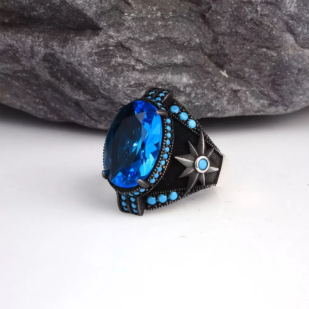 925 Ayar Blue Topaz Taşlı Yıldız Motifli Gümüş Erkek Yüzük Silver