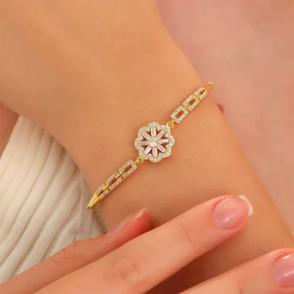 925 Ayar Zirkon Taşlı Çiçek Bileklik Rose Gold