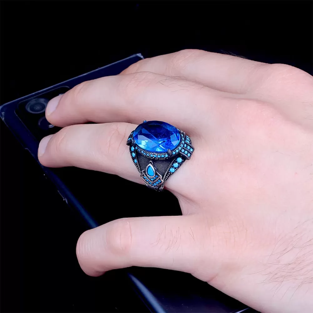 Blue Topaz Taşlı Gümüş Erkek Yüzük Silver