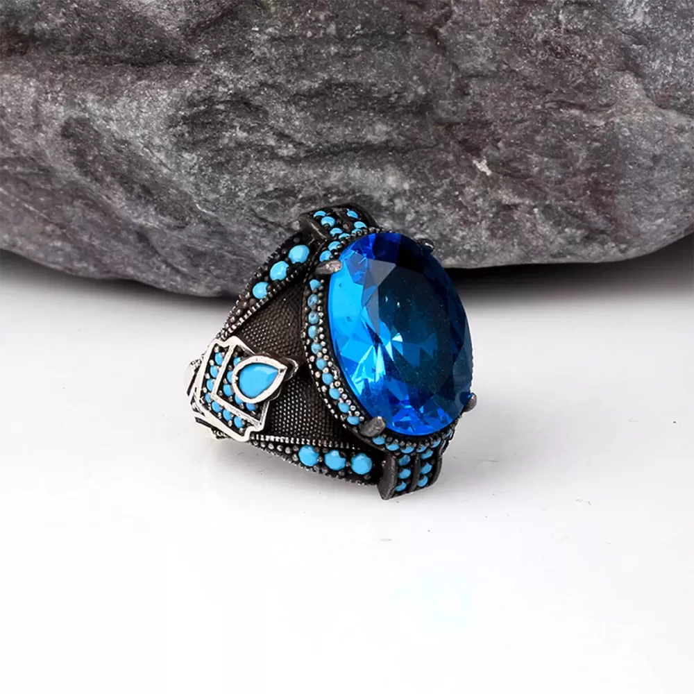 Blue Topaz Taşlı Gümüş Erkek Yüzük Silver