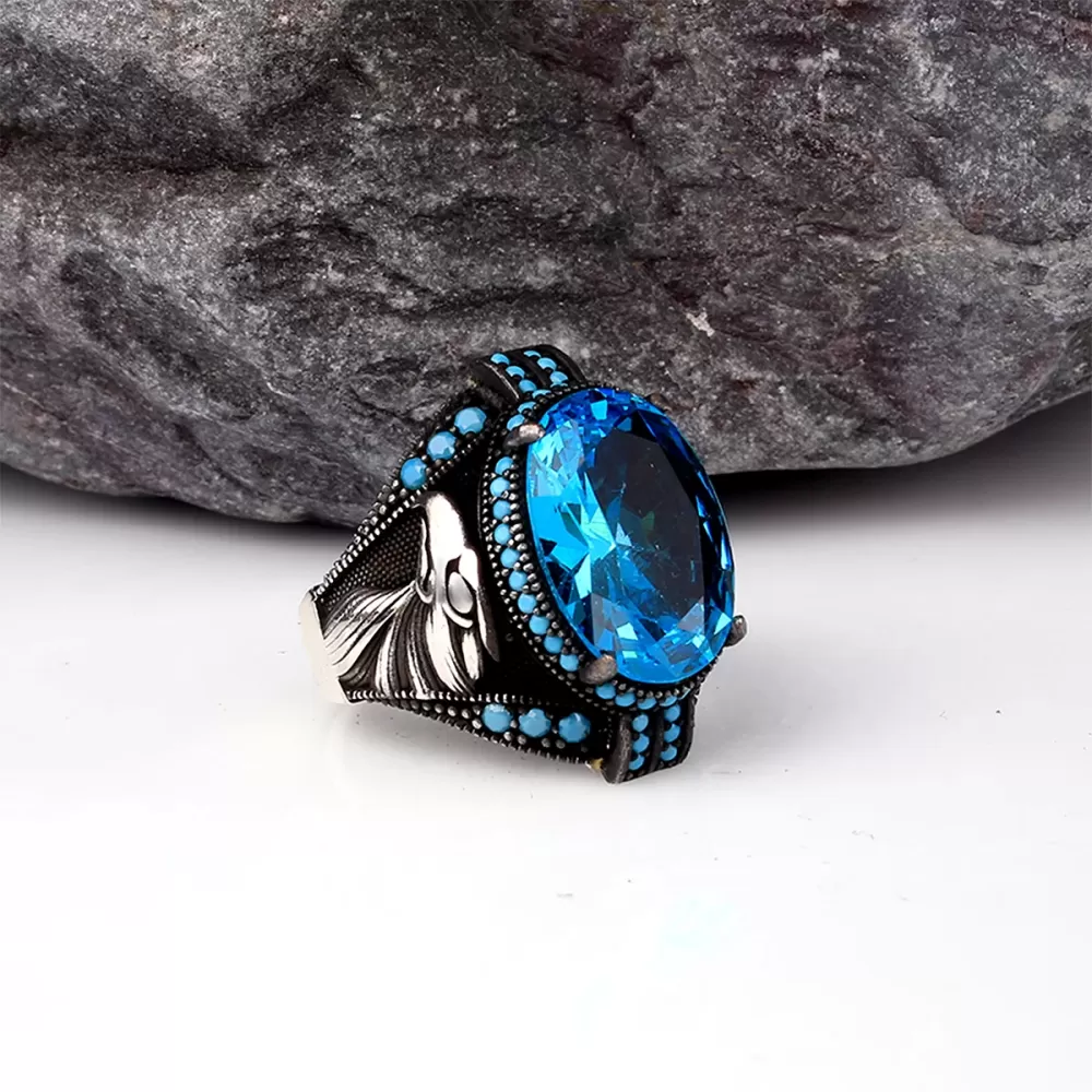 Blue Topaz Taşlı Kartal Model Gümüş Erkek Yüzük Silver