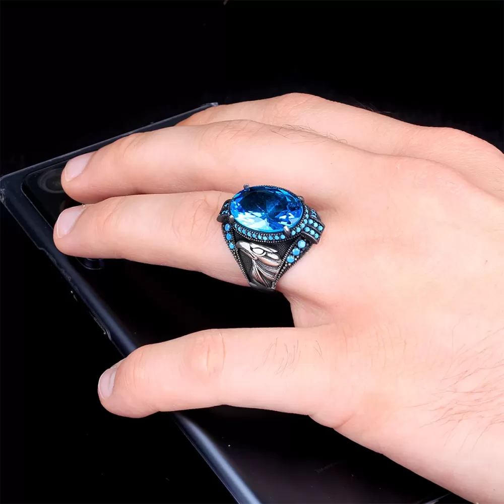 Blue Topaz Taşlı Kartal Model Gümüş Erkek Yüzük Silver