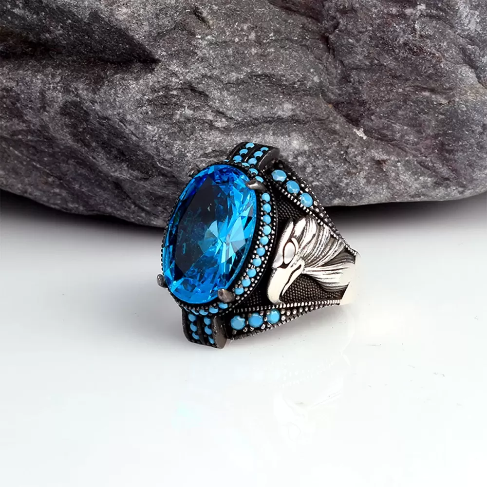 Blue Topaz Taşlı Kartal Model Gümüş Erkek Yüzük Silver