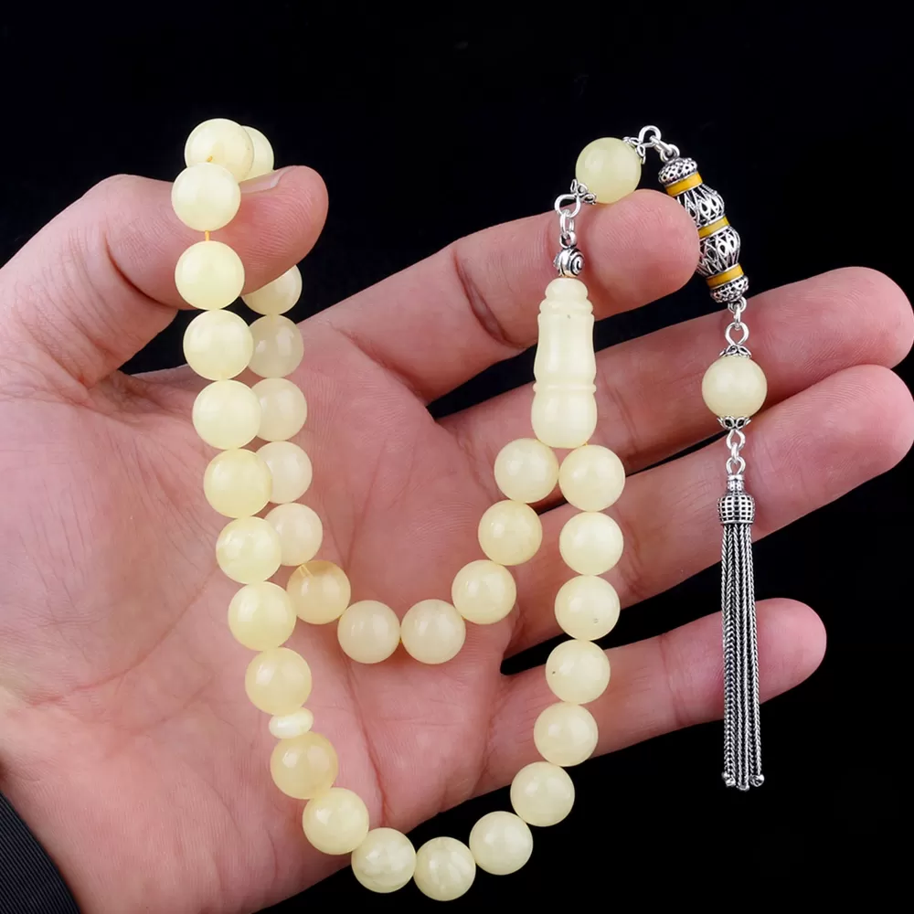 10 mm Mat Renk Orjinal Damla Kehribar Tesbih 925 Ayar Gümüş Mineli Püsküllü