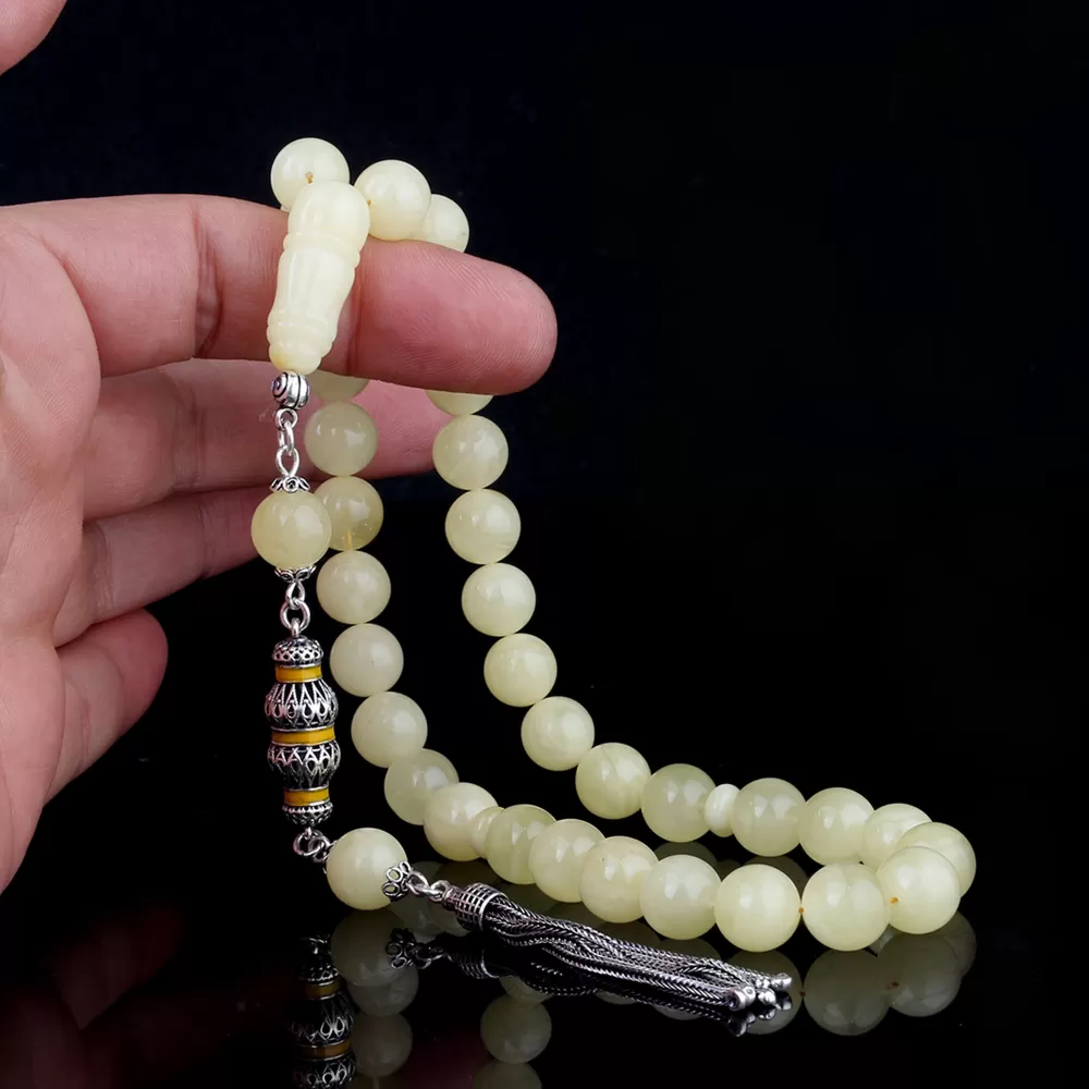 10 mm Mat Renk Orjinal Damla Kehribar Tesbih 925 Ayar Gümüş Mineli Püsküllü