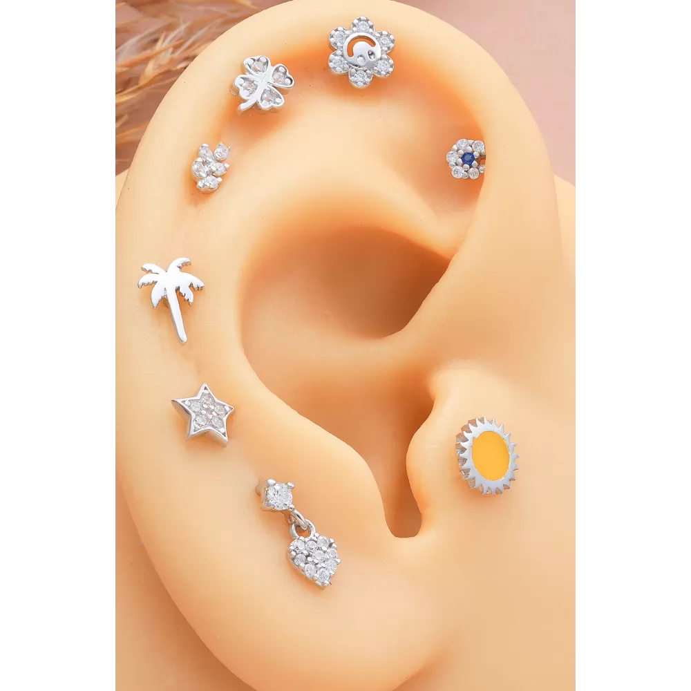 925 Ayar Ağaç Motifli Taşlı Minimal Tragus Piercing