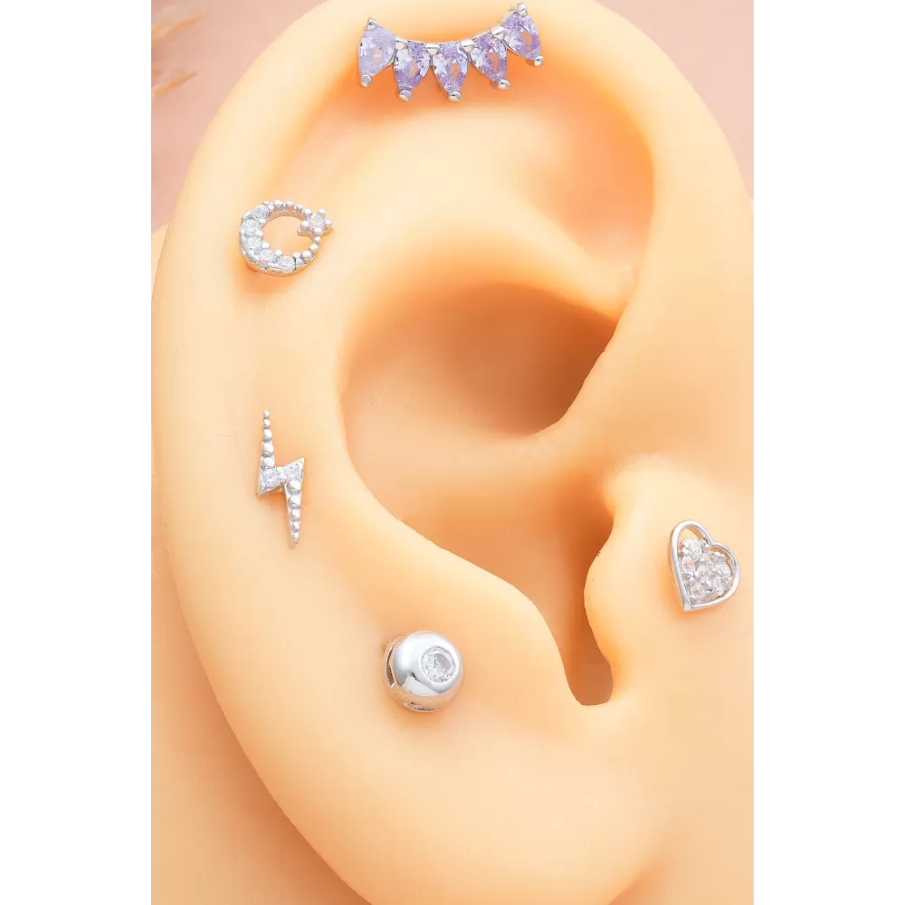 925 Ayar Ayyıldız Motifli Taşlı Minimal Tragus Piercing