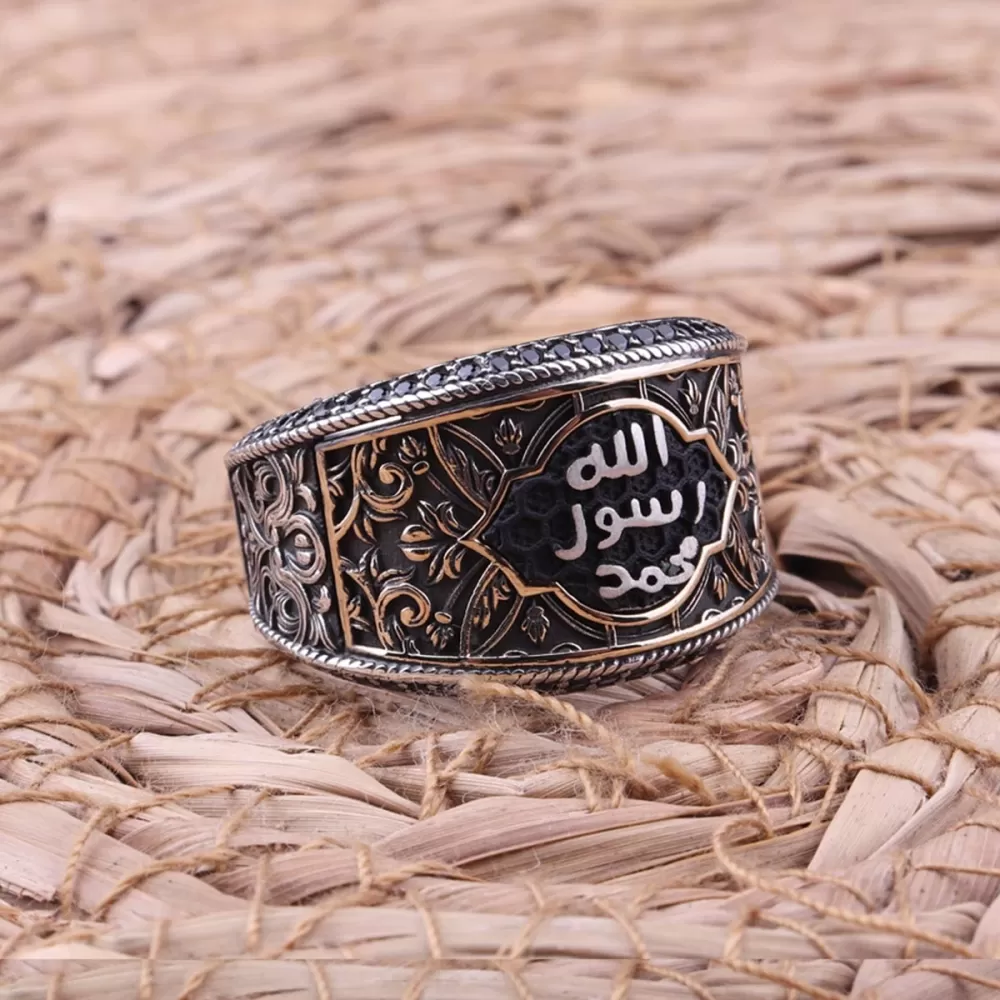 925 Ayar Gümüş Arapça  Allah Resulü Muhammed  Yazılı Erkek Yüzük